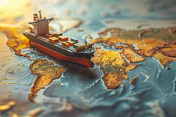 Global Trade Routes A Model Container Ship Navigating a World Map, Illustrating Transcontinental Transportation and Globalization Concepts - obrazy, fototapety, plakaty