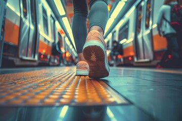 Fototapeta premium Journey of Daily Life Commuter Legs Walking Alongside a Suburban Train, Depicting People’s Routine of Public Transportation Between Home and Work