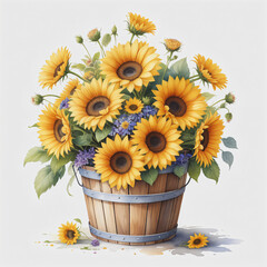Drawing of sunflower in bucket on white background