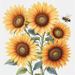Drawing of sunflower and bee on white background