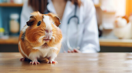 Cute pet, red guinea pig in the veterinarian's office, against the background of a blurred silhouette of the doctor. Animal health concept, feeding and caring for them