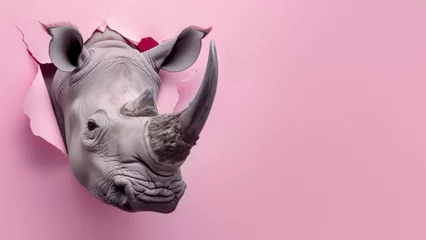 Foto op Aluminium A rhino peeks intriguingly through torn pink paper, presenting curiosity and unexpected encounters © Fxquadro