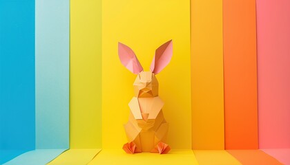 Colorful Paper Bunny on Colorful Paper Background. Cheerful Papercraft Collage for Kids. Happy Easter Concept. 