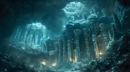 Gordijnen Mysterious buildings under the ice cave. Fantasy landscape © Andsx