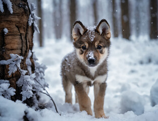 Young puppy Wolf in a snow covered forest. - 761664529
