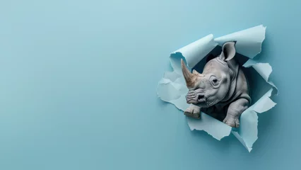 Fotobehang An adorable image of a baby rhino peeking through a blue paper tear, symbolizing innocence and curiosity © Fxquadro