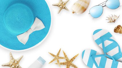 Fototapeta na wymiar Top view of sea beach holiday accessories: light blue sun hat, sunglasses, flip flops, seashell, starfish, and sunscreen. Summer beach vacation banner sign, copy space isolated on white background