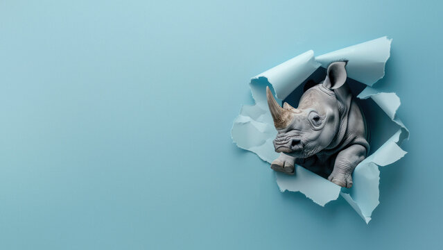 An adorable image of a baby rhino peeking through a blue paper tear, symbolizing innocence and curiosity