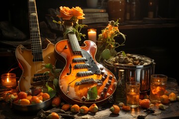 Oranges and Guitar on Table