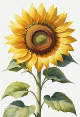 Fototapeta premium Drawing of single sunflower on white background