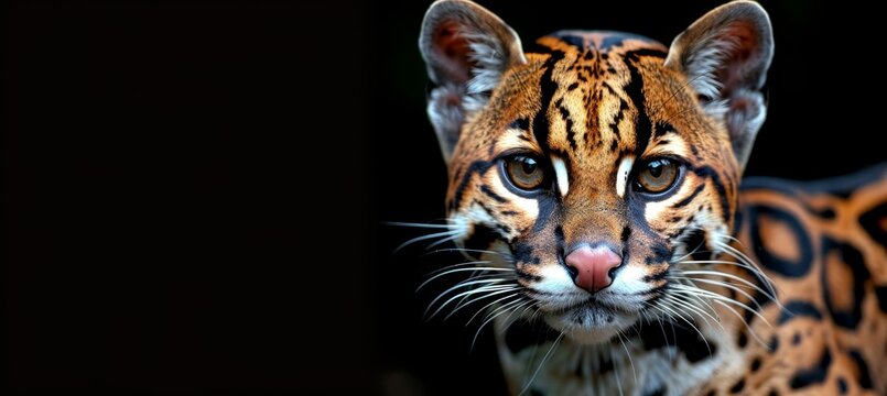 Male margay and kitten portrait, spacious area for text, object positioned on the right side