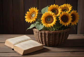 Photo of sunflower in basket with book