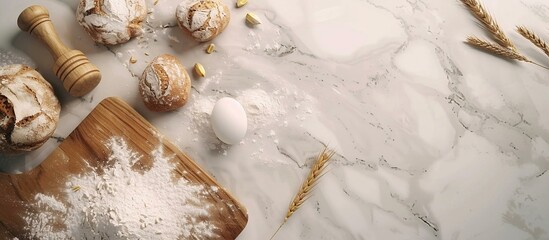 Obraz na płótnie Canvas An aerial view motion picture of an empty wooden board on a marble tabletop, including flour, wheat ears, and baking utensils, bright color ambiance. Created Using: hyper-realistic bread motion, white