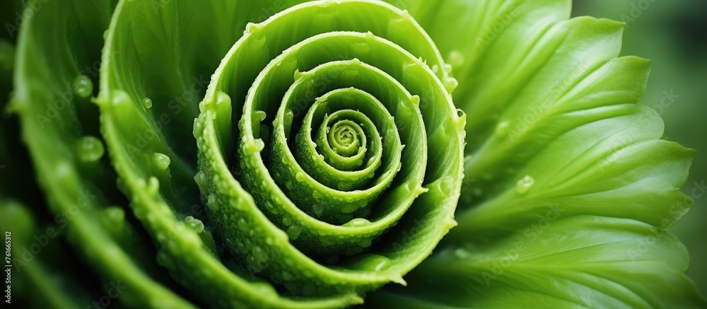 Poster a macro photograph showcasing the symmetry and pattern of a green flower with a spiral in the middle