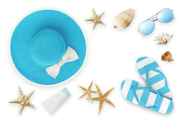 Top view of sea beach holiday accessories: light blue sun hat, sunglasses, flip flops, seashell,...