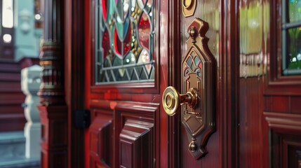 A detailed shot of a craftsman townhouse's front door, boasting intricate stained glass panels and ornate brass hardware, inviting guests inside.