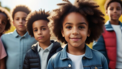 Obraz premium Group of Multi-ethnic children looking at camera and posing together. Diverse different cool school students boys and girls. Concept diversity and inclusion