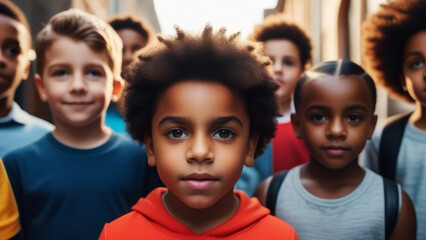 Group of Multi-ethnic children looking at camera and posing together. Diverse different cool school students boys and girls. Concept diversity and inclusion