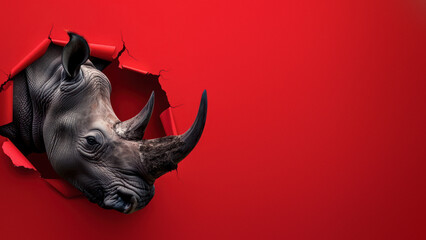 Fototapeta premium An impactful shot of a rhino emerging from a ruptured red paper, evoking a sense of breakthrough