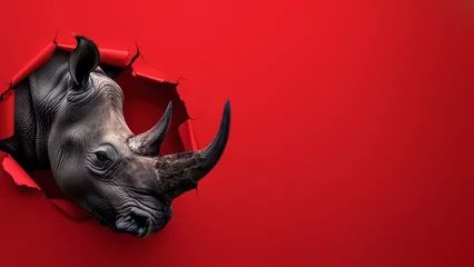 Zelfklevend Fotobehang An impactful shot of a rhino emerging from a ruptured red paper, evoking a sense of breakthrough © Fxquadro