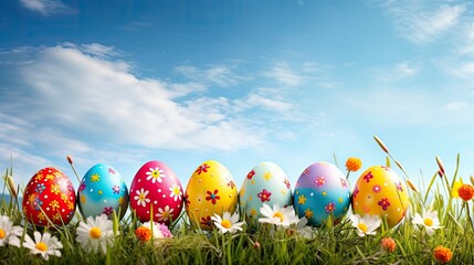 Obraz na płótnie Canvas Colorful Easter eggs decorated with flowers in the grass on blue sky background - generative ai