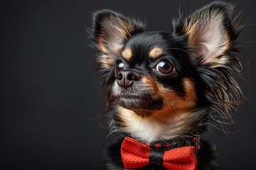 A cute puppy with black fur sits against a black background, looking adorable and happy.