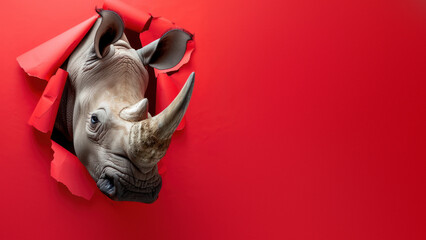 An impactful shot of a rhino emerging from a ruptured red paper, evoking a sense of breakthrough - obrazy, fototapety, plakaty
