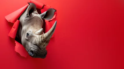 Ingelijste posters An impactful shot of a rhino emerging from a ruptured red paper, evoking a sense of breakthrough © Fxquadro