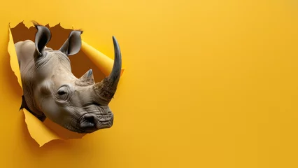 Deurstickers An intriguing image showing a rhino emerging through a ripped yellow paper background, evoking curiosity and surprise © Fxquadro