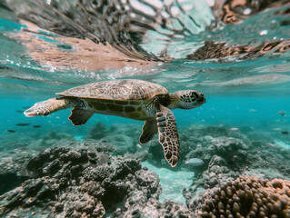 Turtle enjoying a sunny day - an underwater shot
