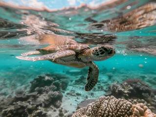 Turtle surfacing on a sunny day - an underwater shot