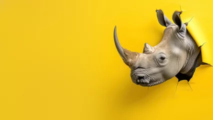 Fotobehang A captivating image of a rhino's face pushing through a vibrant yellow paper, symbolizing persistence and determination © Fxquadro
