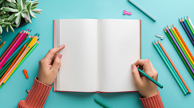 Blank Mock Open Book and Colored Pencils