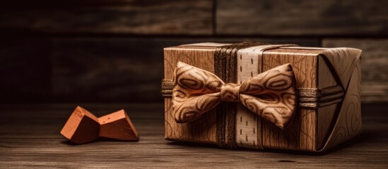 seen from above chocolate gift box brown wooden background - obrazy, fototapety, plakaty