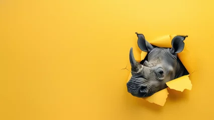 Deurstickers An imaginative image showcasing a rhino head emerging from yellow paper, meant to evoke engagement and thoughtfulness © Fxquadro