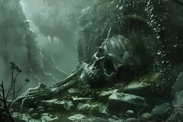 Gartenposter Giant skull in dark forest landscape © Andsx
