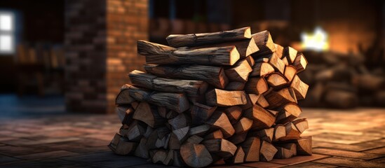 Pile of firewood in the background of a burning stove for heating