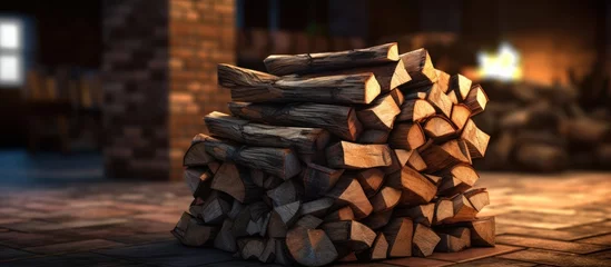  Pile of firewood in the background of a burning stove for heating © gufron