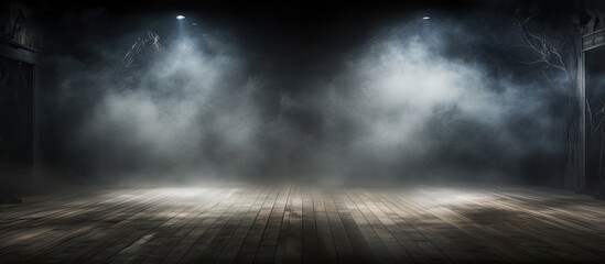 An empty stage with smoke creating a cloudy atmosphere under the spotlights, resembling a calm sky filled with cumulus clouds in a natural landscape - obrazy, fototapety, plakaty