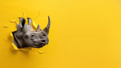 Tuinposter A striking design of a rhino head looking through a yellow paper, suggesting an escape © Fxquadro