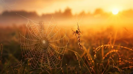Abwaschbare Fototapete Morgen mit Nebel Web of a spider against sunrise in the field covered fogs