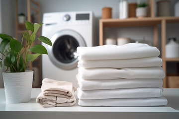 A stack of freshly laundered white laundry, things neatly folded against the backdrop of a washing machine in a laundry room or at home. Cleanliness and hygiene.