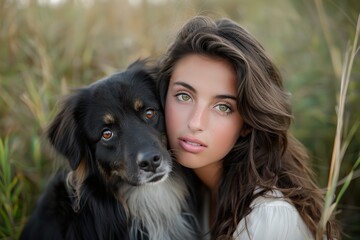 Fototapeta premium Woman with her pet dog outdoors.