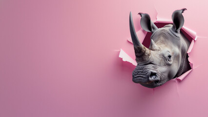 A creative image showing a rhinoceros peeking through a tear in vivid pink paper, generating a...