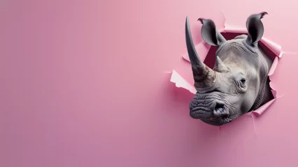Deurstickers A creative image showing a rhinoceros peeking through a tear in vivid pink paper, generating a sense of surprise and wonder © Fxquadro