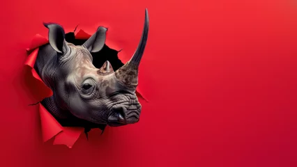 Ingelijste posters An impactful shot of a rhino emerging from a ruptured red paper, evoking a sense of breakthrough © Fxquadro