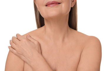 Obraz na płótnie Canvas Mature woman with healthy skin on white background, closeup