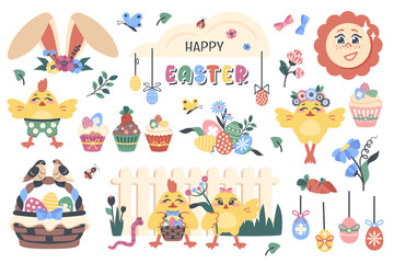 Set of easter elements isolated. Easter egg, bunny ears, chicks, birds on basket, fence, carrot, cake. Hand draw doodle elements for decorated greeting card, poster, party. Vector illustration