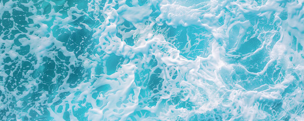 White and blue sea foam texture of fun waves. Ocean wave surface panorama with bubbles and gradient colors top view flat lay for copy space by Vita - obrazy, fototapety, plakaty