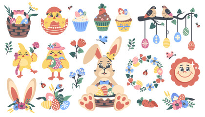 Set of easter stickers isolated. Easter bunny, chickens, basket, egg, wreath, birds on branch. Hand draw doodle elements for decorated greeting card, poster, party. Vector  Cartoon flat illustration